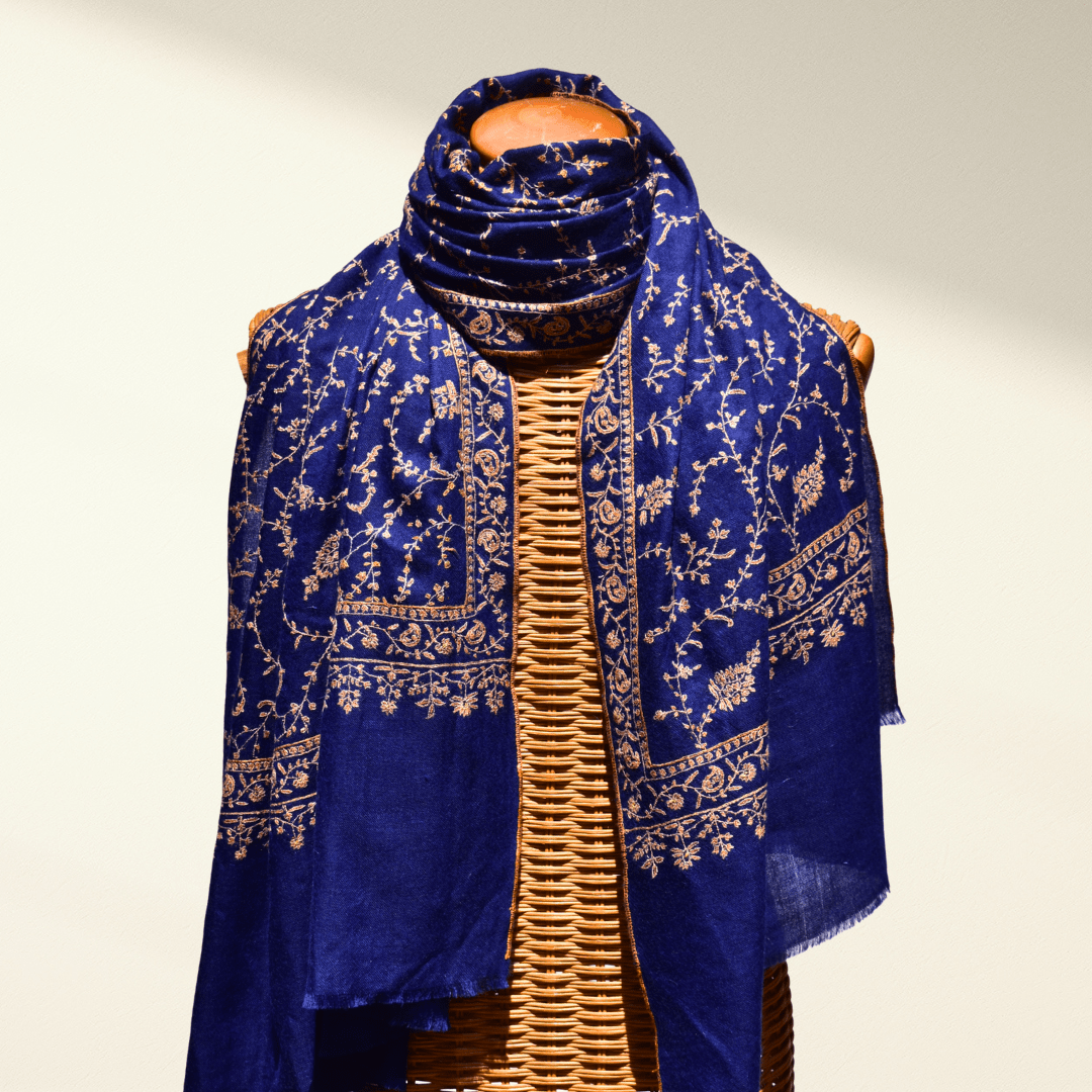 IMPERIAL – Royal Blue Jalidaar Pashmina Shawl | Hand - Embroidered Sozni Luxury Cashmere Wrap - Indus Weavers