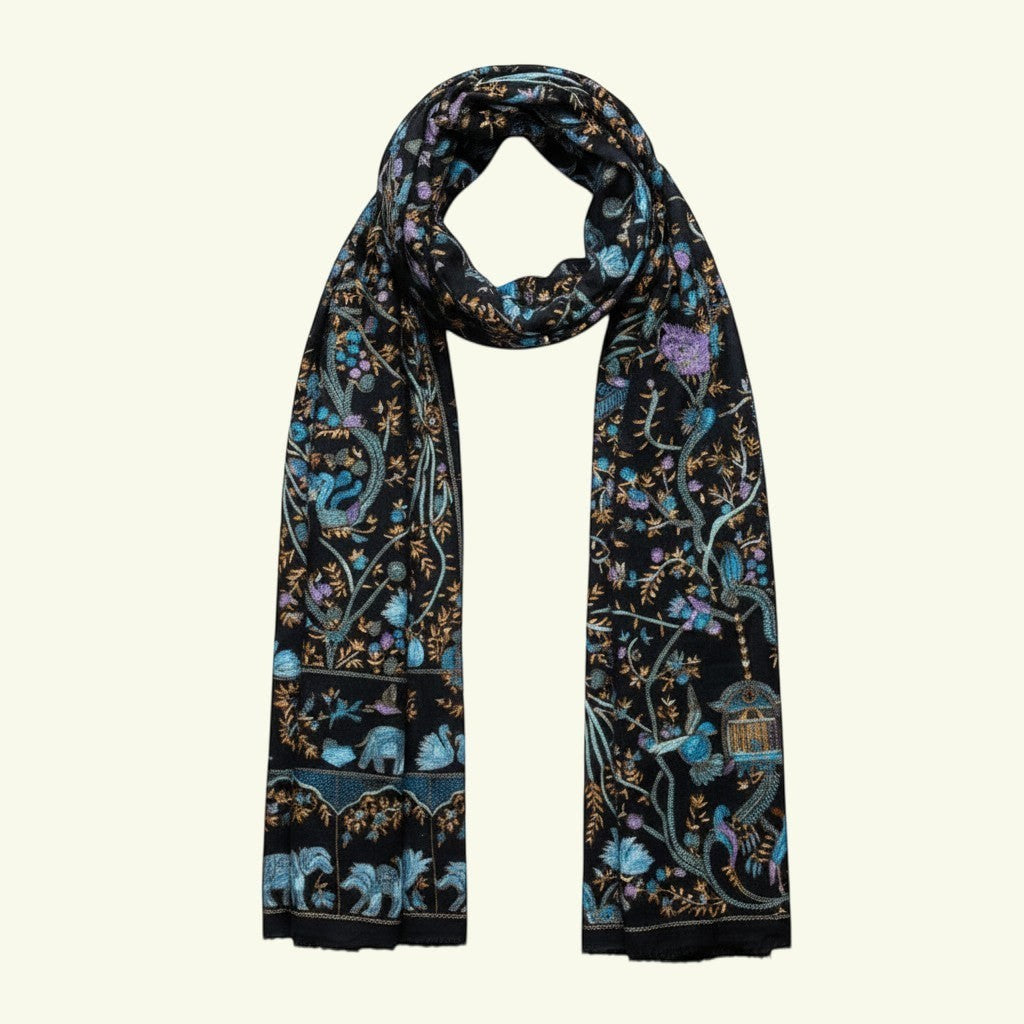 AYA Kalamkari Pashmina – Close-Up of Multicolour Hand Embroidered Peacock & Bird Motifs on Black Cashmere | Indus Weavers