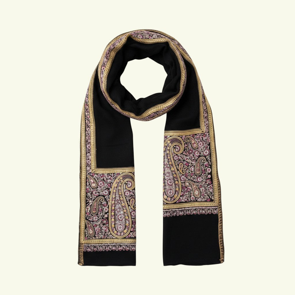 BELLA Handwoven Kashmiri Cashmere Shawl – Detail of Metallic Shimmer & Floral Paisley Sozni Embroidery on Black Pashmina | Indus Weavers