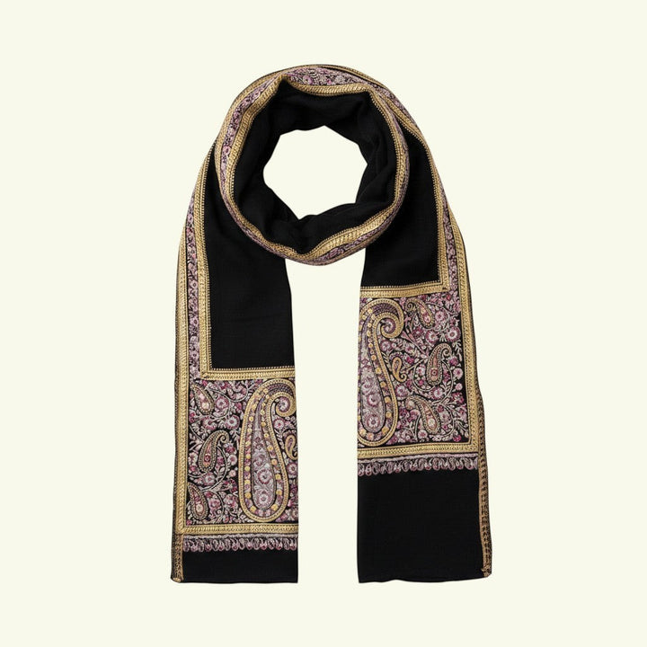 BELLA Handwoven Kashmiri Cashmere Shawl – Detail of Metallic Shimmer & Floral Paisley Sozni Embroidery on Black Pashmina | Indus Weavers
