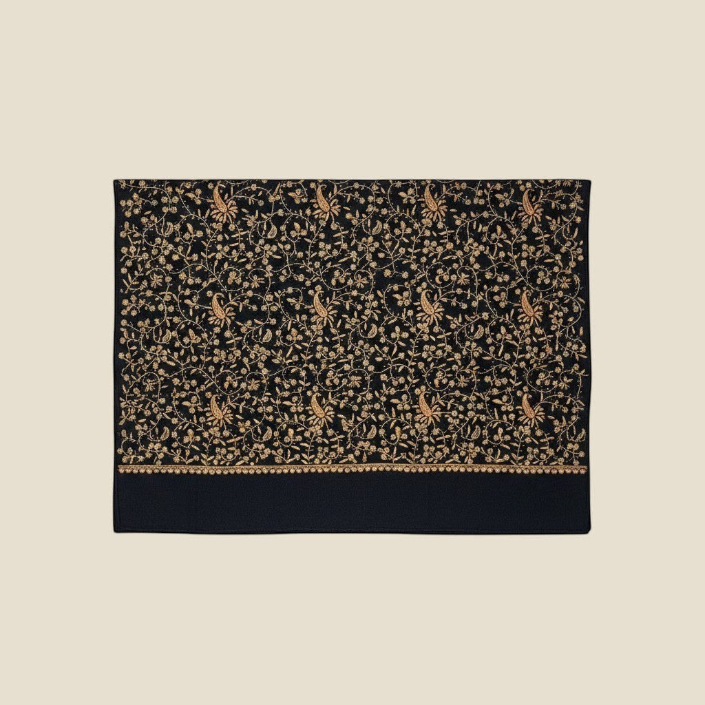 NOIRELLE Handwoven Kashmiri Shawl – Black Merino Cashmere with Gold & Rust Sozni Embroidery | Indus Weavers