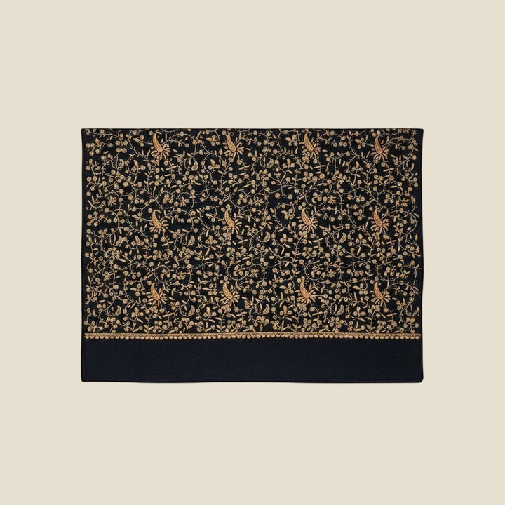 NOIRELLE Handwoven Kashmiri Shawl – Black Merino Cashmere with Gold & Rust Sozni Embroidery | Indus Weavers
