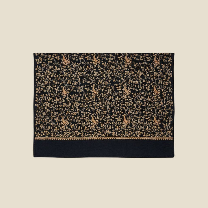 NOIRELLE Handwoven Kashmiri Shawl – Black Merino Cashmere with Gold & Rust Sozni Embroidery | Indus Weavers