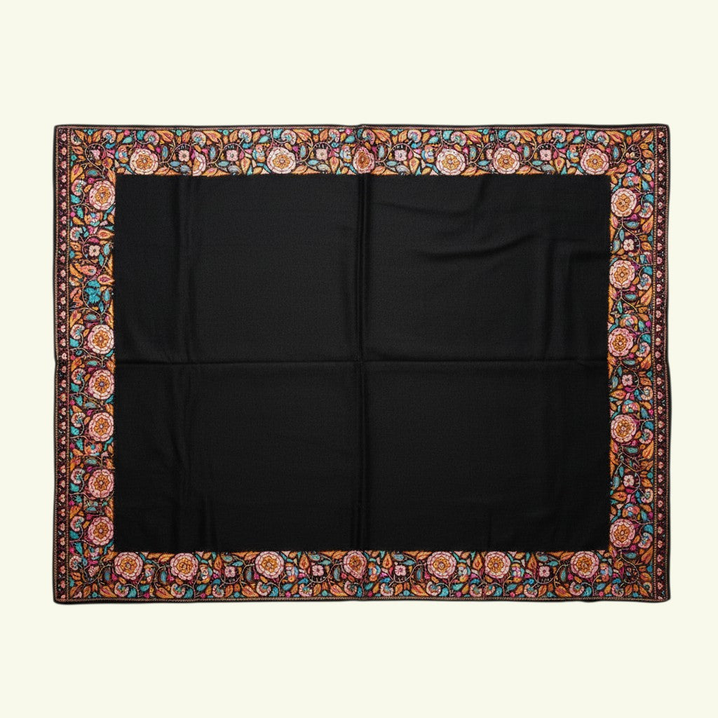 Indus Weavers black pure Kashmiri Pashmina shawl with multicolour floral embroidered border. Handwoven cashmere wrap.