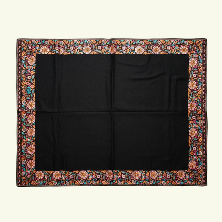 Indus Weavers black pure Kashmiri Pashmina shawl with multicolour floral embroidered border. Handwoven cashmere wrap.