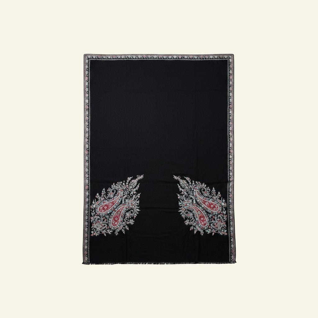 BUTAH Sozni Embroidered Black Pashmina – Detail of Intricate Paisley Corner Needlework on 199g Pure Cashmere Wrap | Indus Weavers