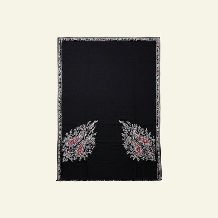 BUTAH Sozni Embroidered Black Pashmina – Detail of Intricate Paisley Corner Needlework on 199g Pure Cashmere Wrap | Indus Weavers