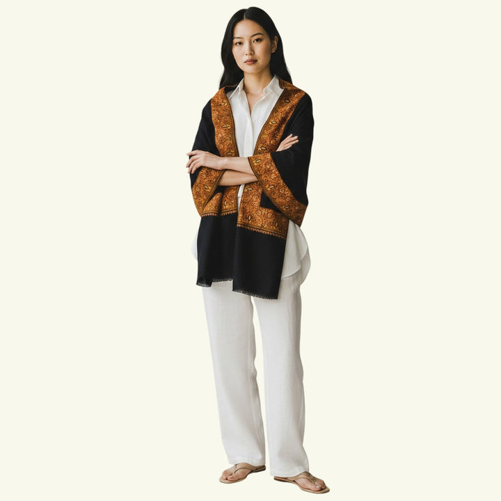 Indus Weavers black Merino cashmere shawl with intricate Sozni embroidery in earthy tones. Handwoven wrap.