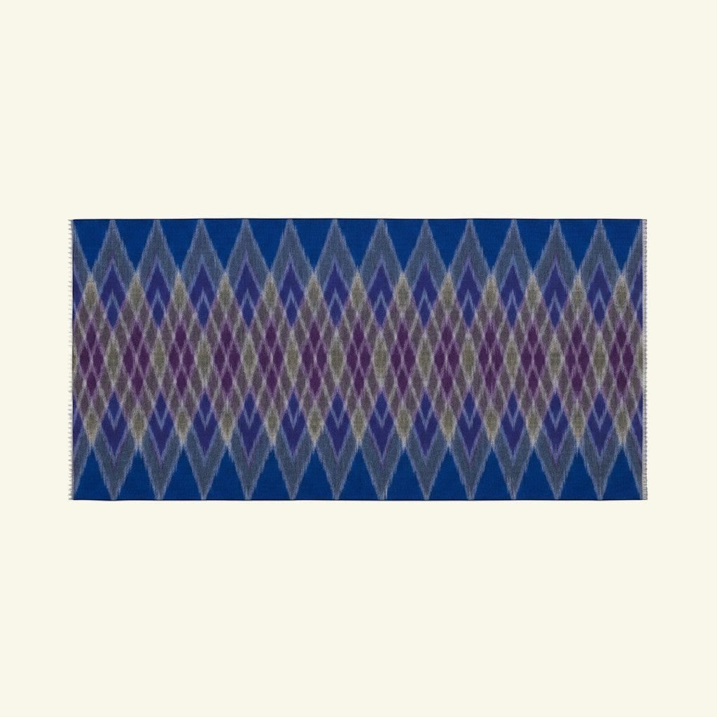 Indus Weavers blue pure Kashmiri Ikat pashmina shawl with diamond pattern. Handwoven luxury cashmere wrap.