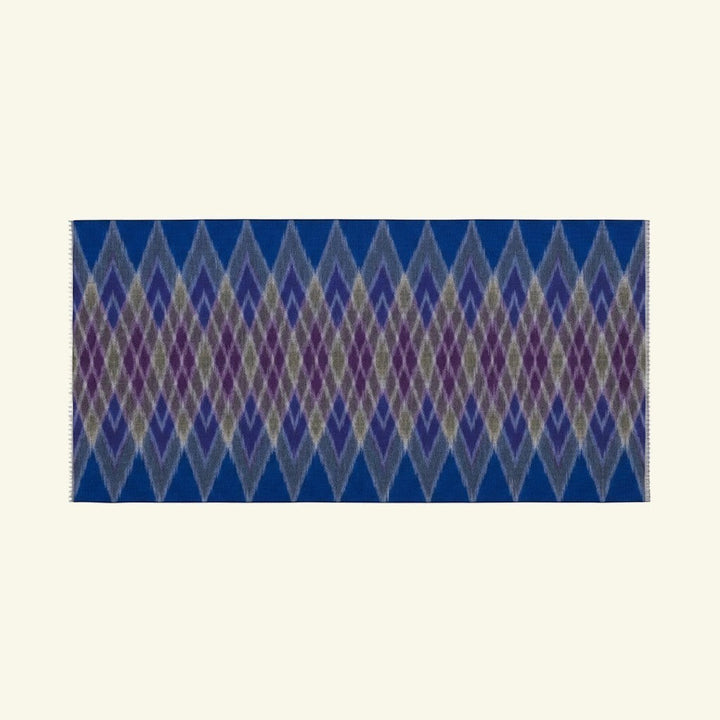 Indus Weavers blue pure Kashmiri Ikat pashmina shawl with diamond pattern. Handwoven luxury cashmere wrap.