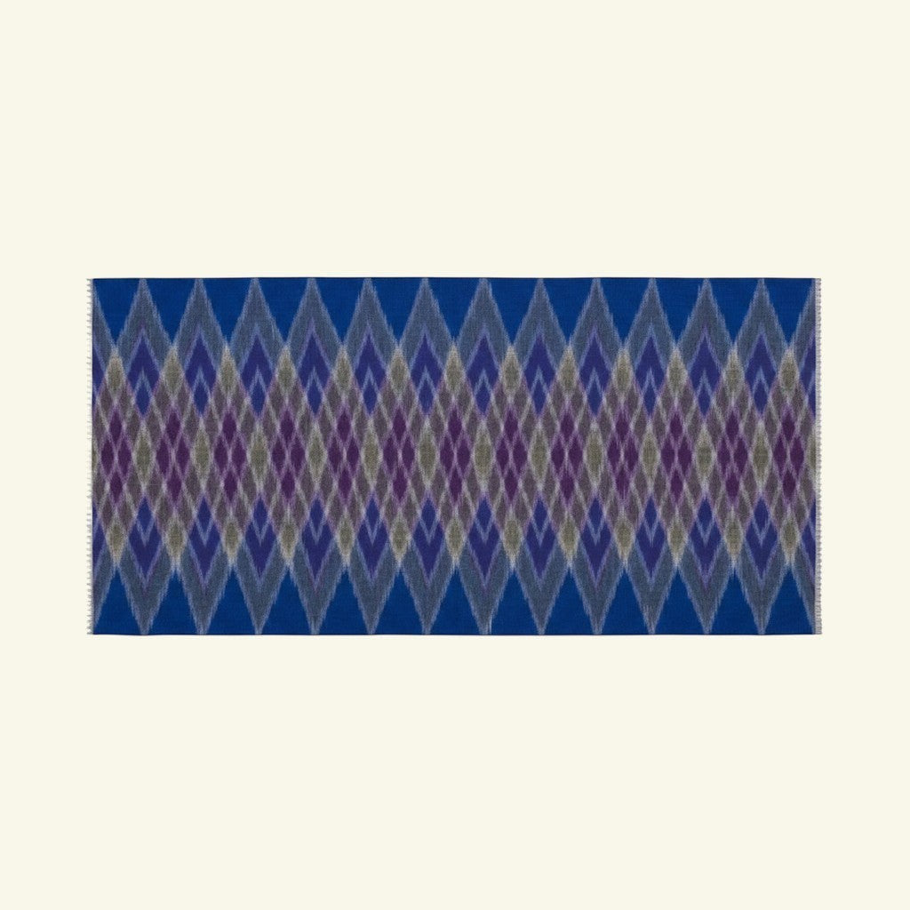 Indus Weavers blue pure Kashmiri Ikat pashmina shawl with diamond pattern. Handwoven luxury cashmere wrap.