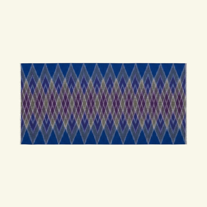 Indus Weavers blue pure Kashmiri Ikat pashmina shawl with diamond pattern. Handwoven luxury cashmere wrap.