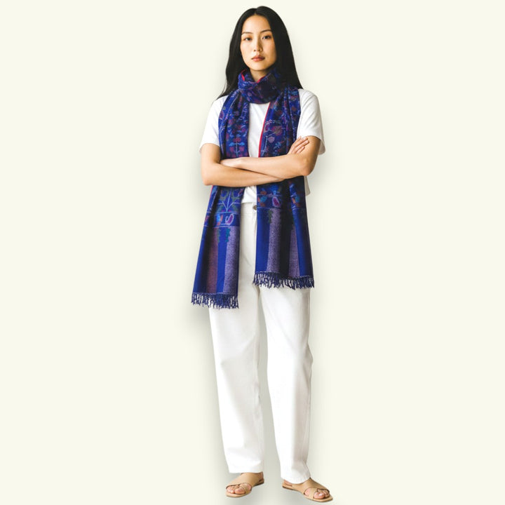 Indus Weavers KAIA blue pure Kashmiri Kani Pashmina shawl with intricate floral motifs and geometric borders.