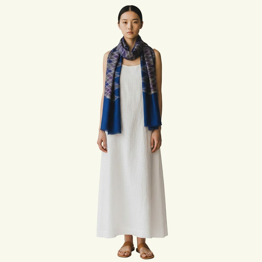 Indus Weavers blue pure Kashmiri Ikat pashmina shawl, handwoven luxury cashmere wrap with shaded Ikat pattern.