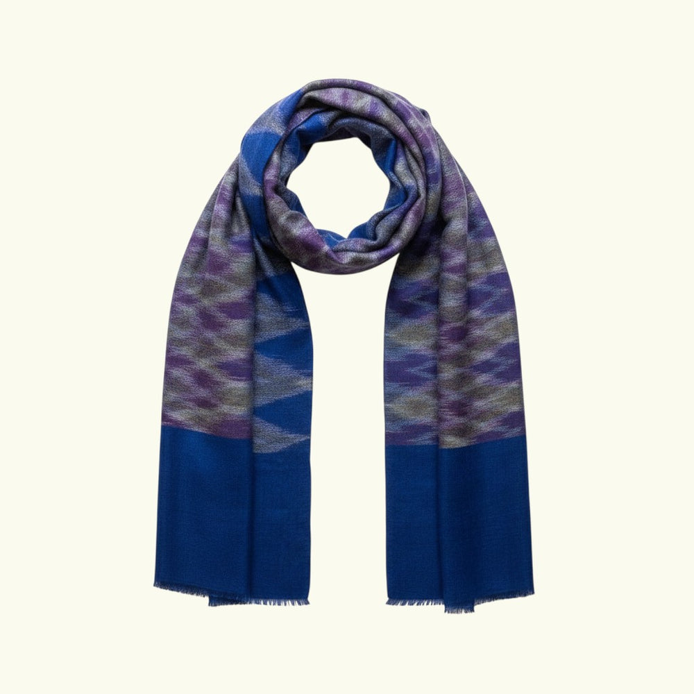 Indus Weavers blue pure Kashmiri Ikat pashmina shawl, handwoven luxury cashmere wrap with shaded Ikat pattern.