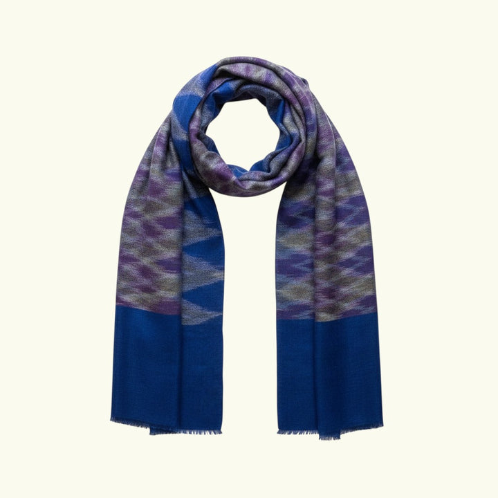 Indus Weavers blue pure Kashmiri Ikat pashmina shawl, handwoven luxury cashmere wrap with shaded Ikat pattern.