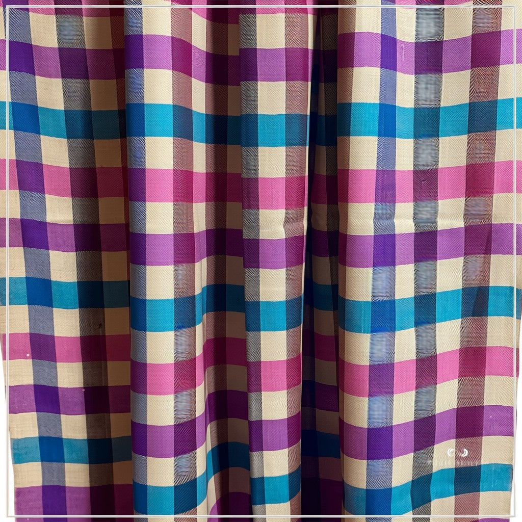 Indus Weavers pure Kashmiri checkered pashmina scarf in pink, blue, and purple pastel tones. Handwoven cashmere wrap.