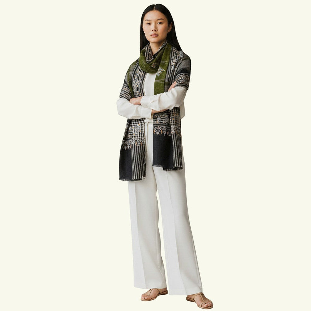 COSMIC Pure Pashmina Shawl – Draped on Mannequin Showing Green & Black Sozni Embroidery on Ombré Cashmere | Indus Weavers