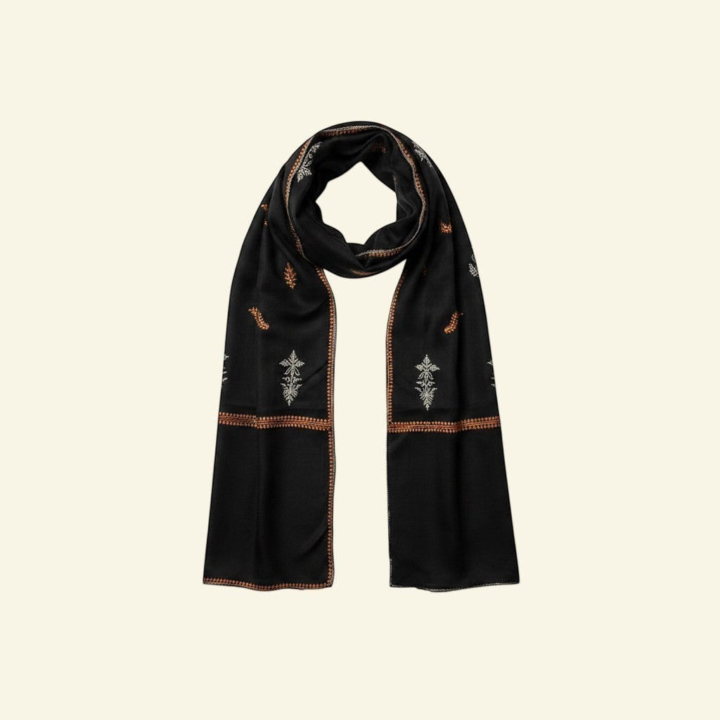 FLORVERDE Pure Pashmina Shawl – Flat Lay of Deep Green Cashmere with Hand Embroidery on Edges & Scattered Motifs | Indus Weavers
