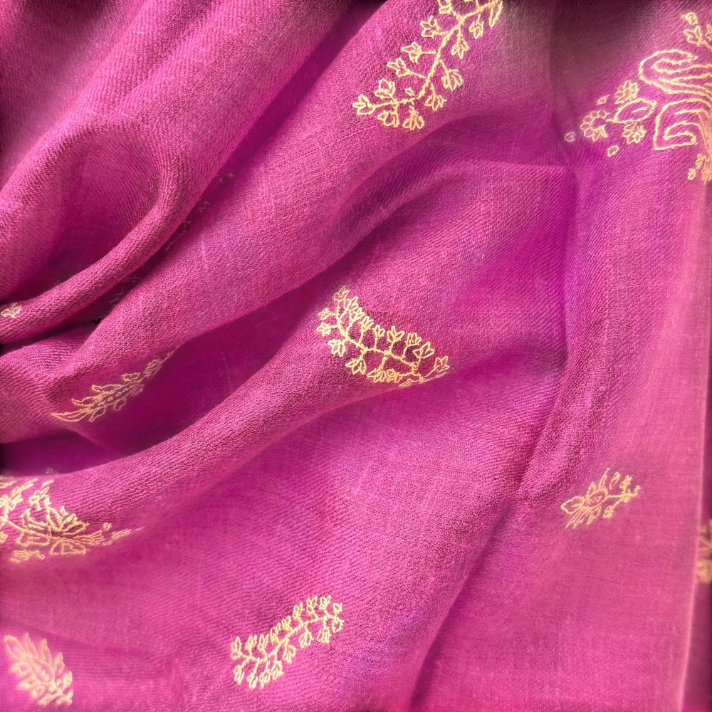 Indus Weavers dark pink handwoven 100% cashmere Pashmina shawl with delicate gold hand embroidery. Luxury wrap.