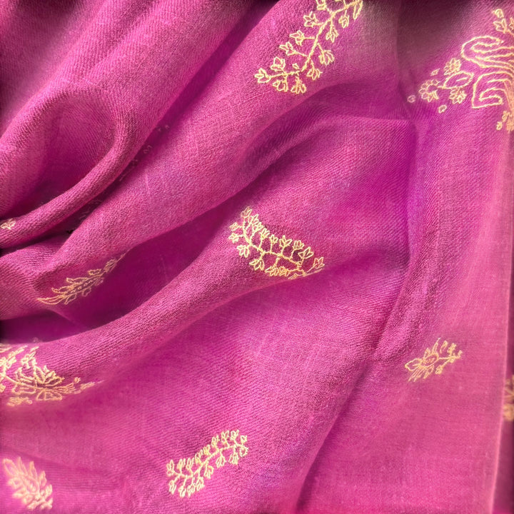 Indus Weavers dark pink handwoven 100% cashmere Pashmina shawl with delicate gold hand embroidery. Luxury wrap.
