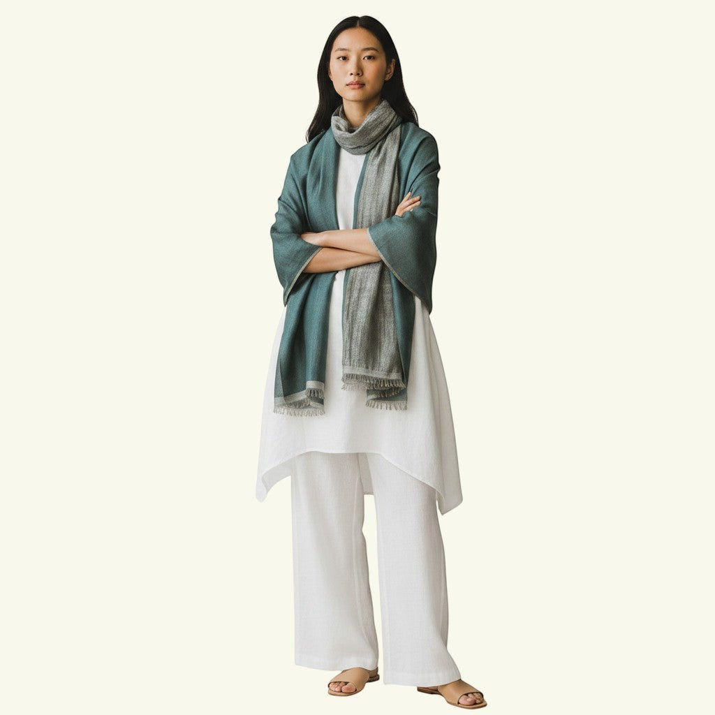 Indus Weavers Eira handwoven reversible pashmina shawl in taupe grey and muted green with metallic sheen and fringe detail.