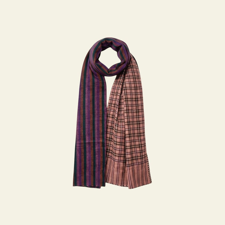 FIONA Reversible Pashmina Shawl – Plaid Side Showing Purple Green Brown Dual-Tone Weave | Indus Weavers