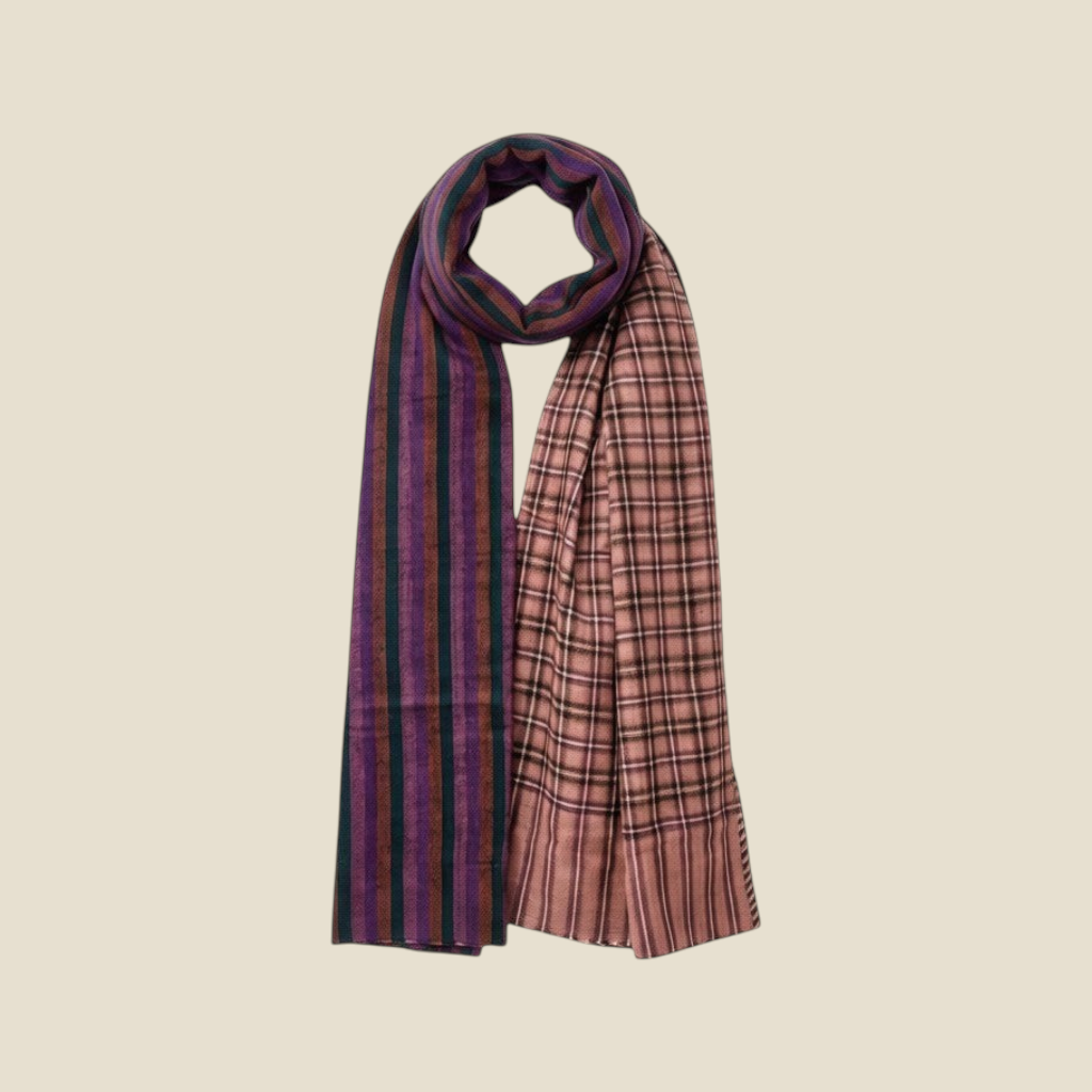 FIONA Reversible Pashmina Shawl – Plaid Side Showing Purple Green Brown Dual-Tone Weave | Indus Weavers