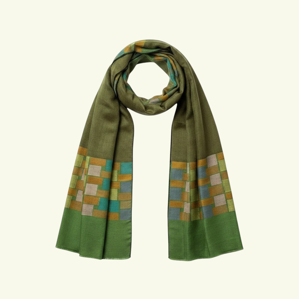 CUBIC Kani Pashmina Shawl – Close-Up of Intricate Geometric Kani Weave Pattern in Green & Multicolour | Indus Weavers