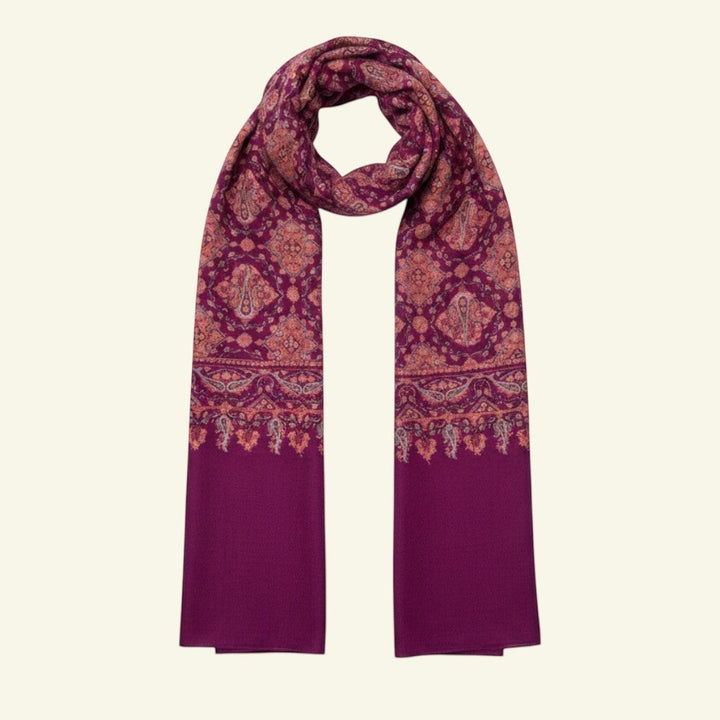 Indus Weavers GULNAR handwoven pure Kashmiri Pashmina shawl in magenta with intricate Jamawar and Sozni embroidery.