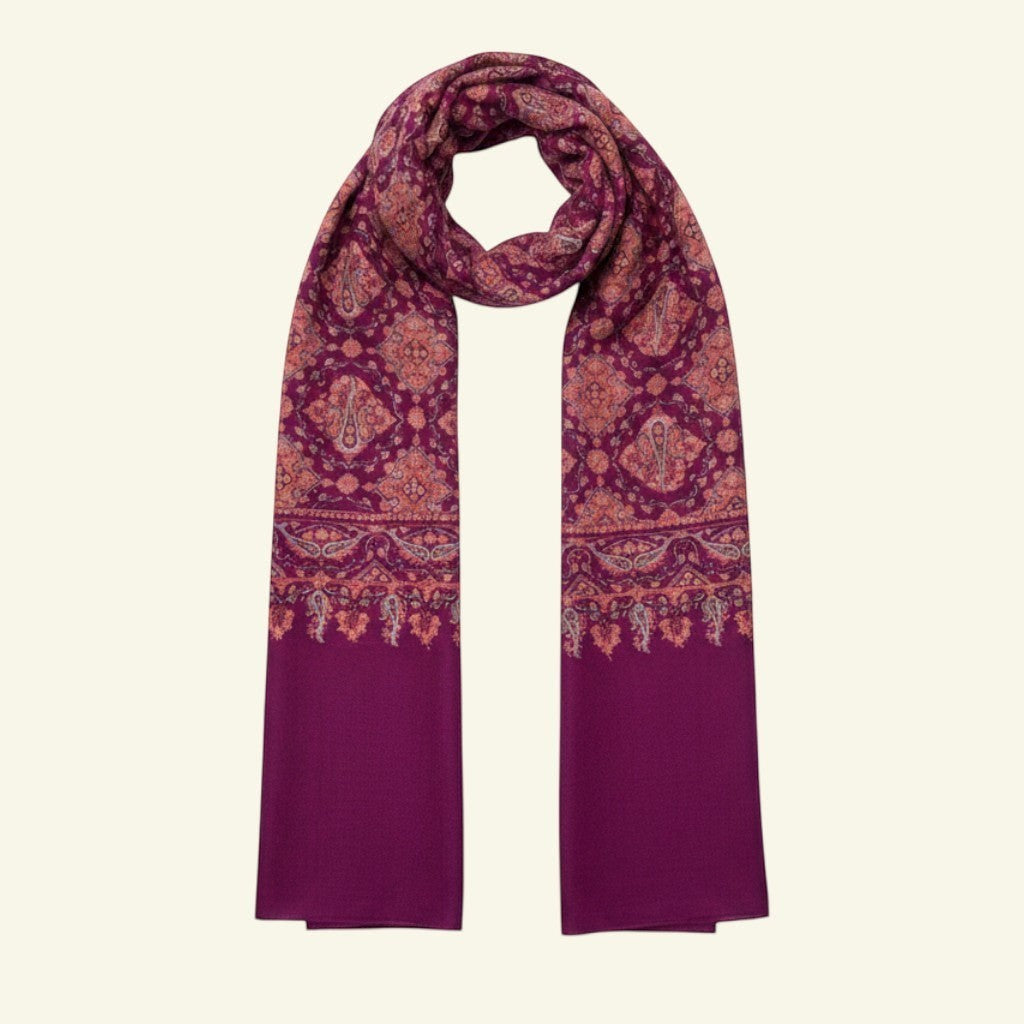 Indus Weavers GULNAR handwoven pure Kashmiri Pashmina shawl in magenta with intricate Jamawar and Sozni embroidery.