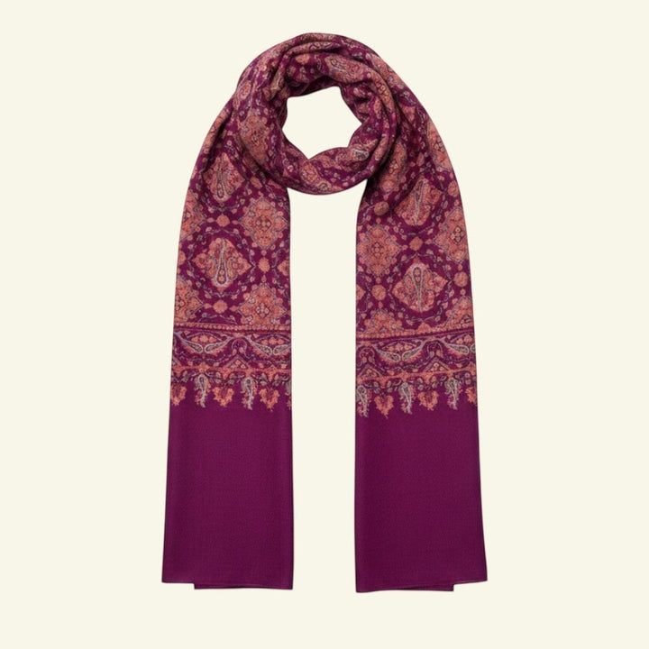Indus Weavers GULNAR handwoven pure Kashmiri Pashmina shawl in magenta with intricate Jamawar and Sozni embroidery.