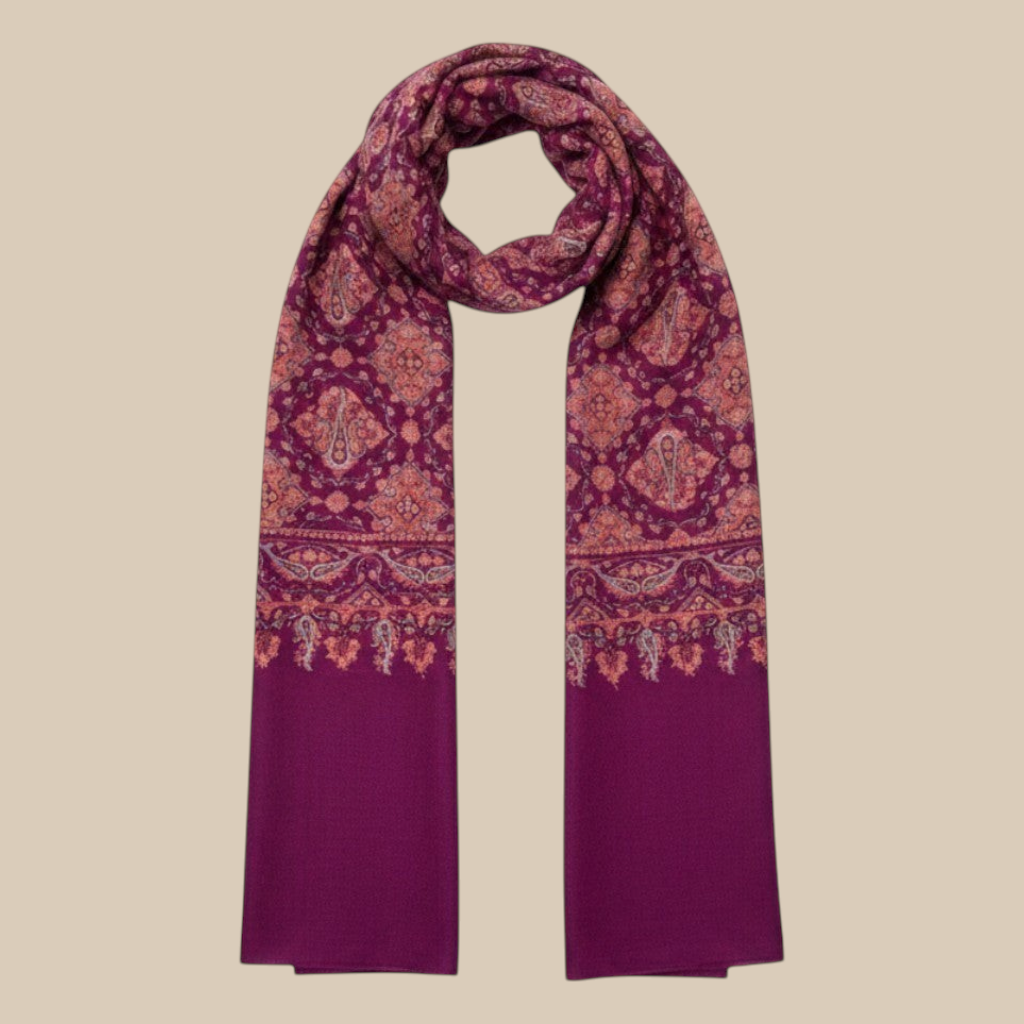 Indus Weavers GULNAR handwoven pure Kashmiri Pashmina shawl in magenta with intricate Jamawar and Sozni embroidery.