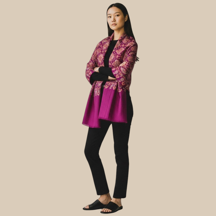 Indus Weavers GULNAR handwoven pure Kashmiri Pashmina shawl in magenta with all-over Sozni embroidery in Jamawar style.