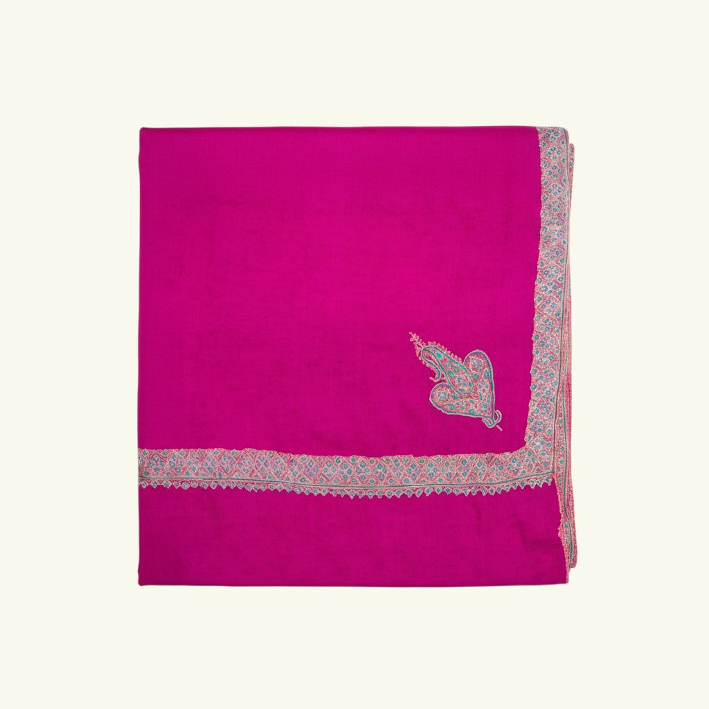 ROZY Luxury Pink Pashmina – Flat Lay Showing Full 200x100cm Magenta Cashmere Shawl with Embroidered Border | Indus Weavers