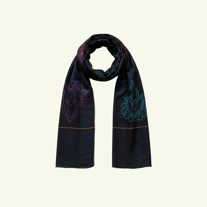 Indus Weavers indigo pashmina scarf with hand-embroidered lotus motifs in purple, teal, and red.
