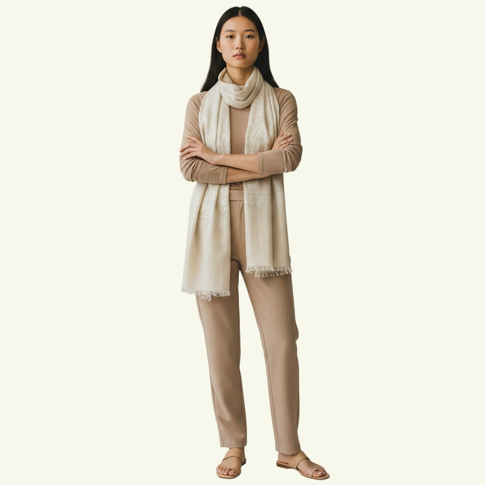 Indus Weavers luxury ivory pure Pashmina shawl with delicate hand-embroidered floral motifs and fringe.