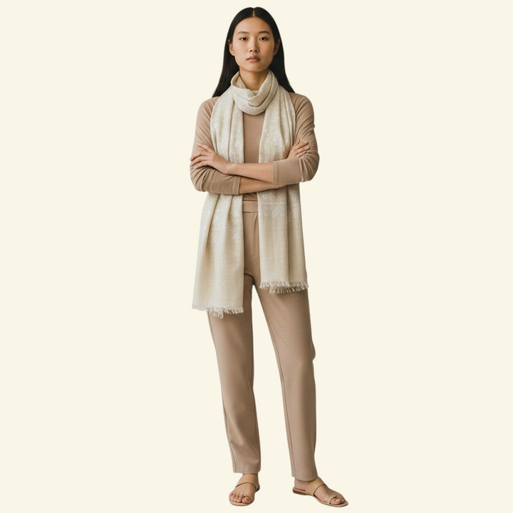 IVORY WHISPER | Pashmina Shawl with Floral Hand Embroidery