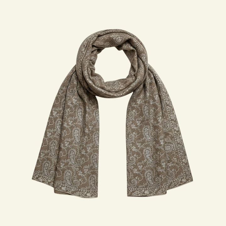 Indus Weavers JALORA pure Kashmiri Pashmina shawl with intricate Sozni needlework embroidery in a semi-Jamawar pattern. Warm brown with cream details.