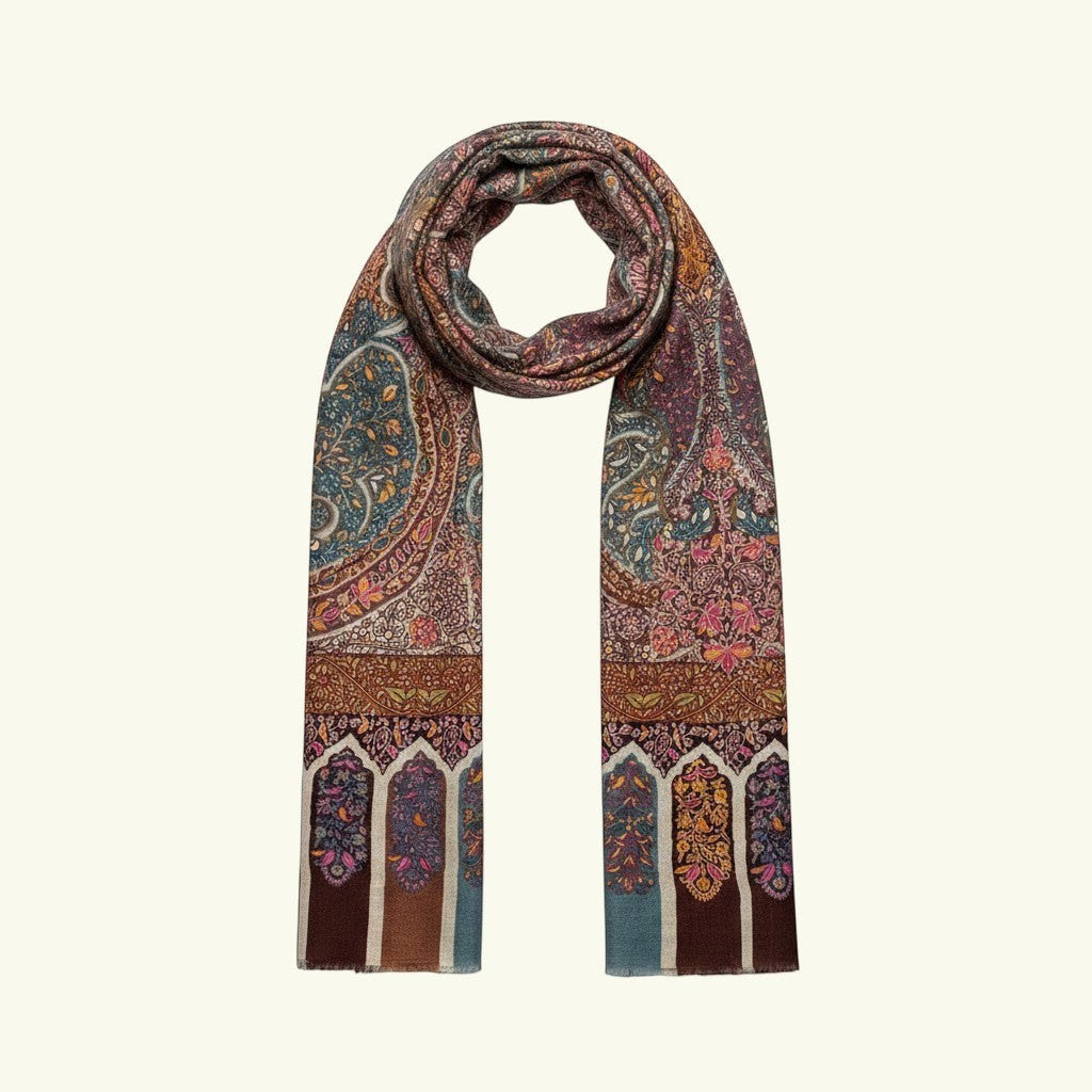 Indus Weavers Rivora shawl: intricate Kalamkari hand-painting on brown, pink, blue, and green Pashmina wool.