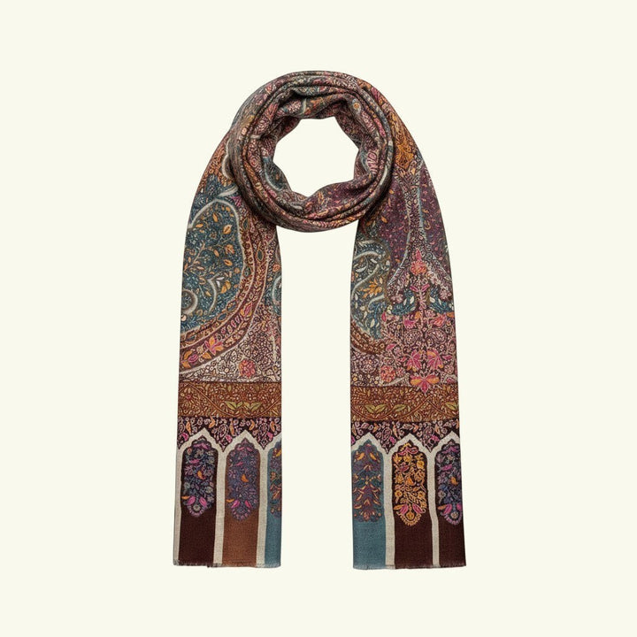 Indus Weavers Rivora shawl: intricate Kalamkari hand-painting on brown, pink, blue, and green Pashmina wool.