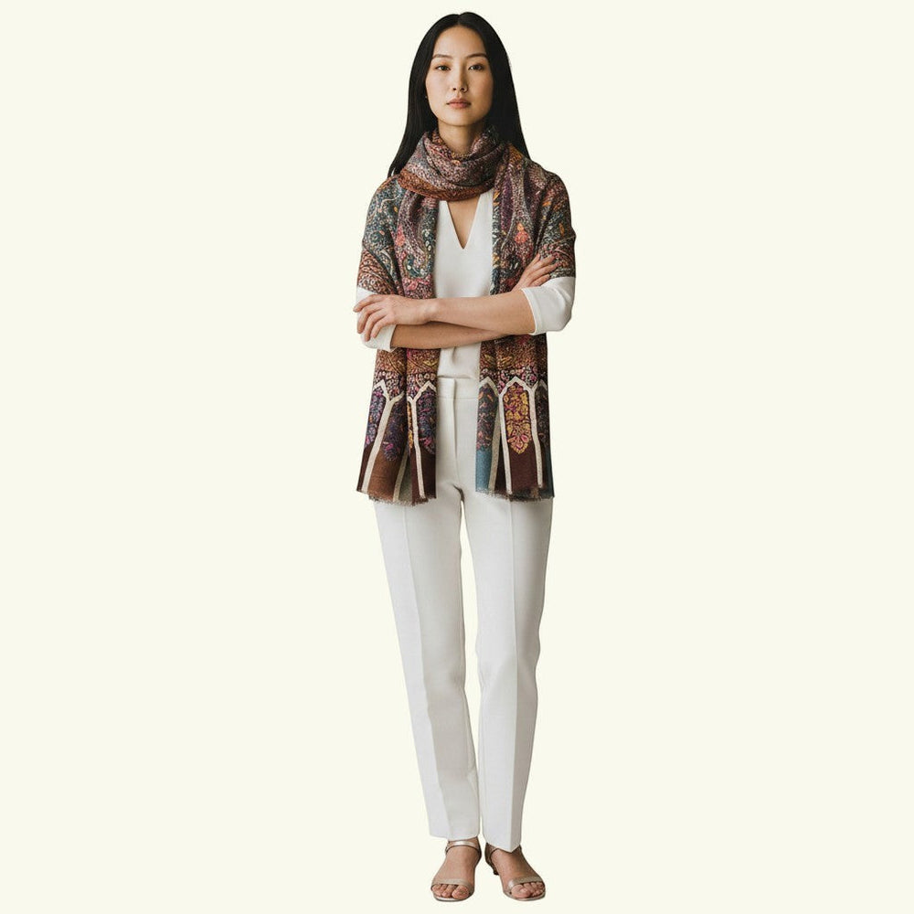 Indus Weavers Rivora shawl: intricate Kalamkari hand-painting on brown 100% Pashmina wool with floral and architectural motifs.