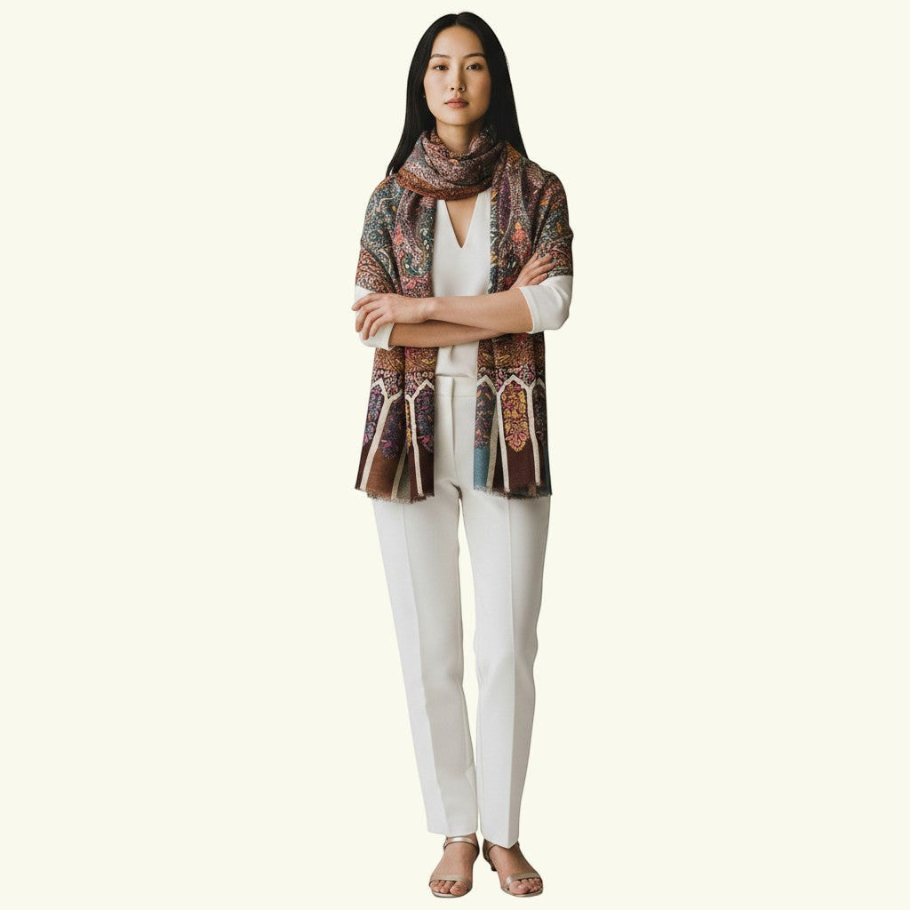 Indus Weavers Rivora shawl: intricate Kalamkari hand-painting on brown 100% Pashmina wool with floral and architectural motifs.
