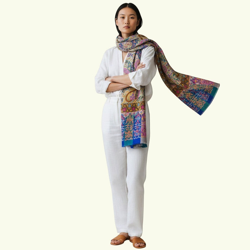 VICTORIA Kashmiri Pashmina – Detail of Vibrant Hand-Painted Floral & Paisley Kalamkari Motifs by Artisan Gulzar | Indus Weavers