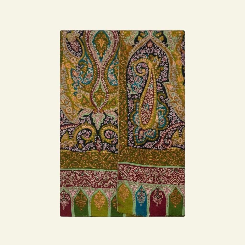 Indus Weavers Kalamkari Pashmina Shawl FLORIANA with Sozni Embroidery in green, maroon, and red with paisley and floral motifs.