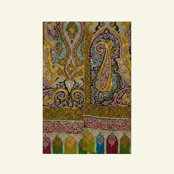 Indus Weavers Kalamkari Pashmina Shawl FLORIANA with Sozni Embroidery in green, maroon, and red with paisley and floral motifs.