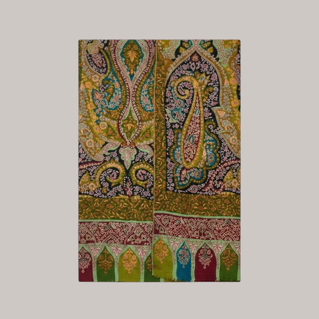 Indus Weavers Kalamkari Pashmina Shawl FLORIANA with Sozni Embroidery in green, maroon, and red with paisley and floral motifs.