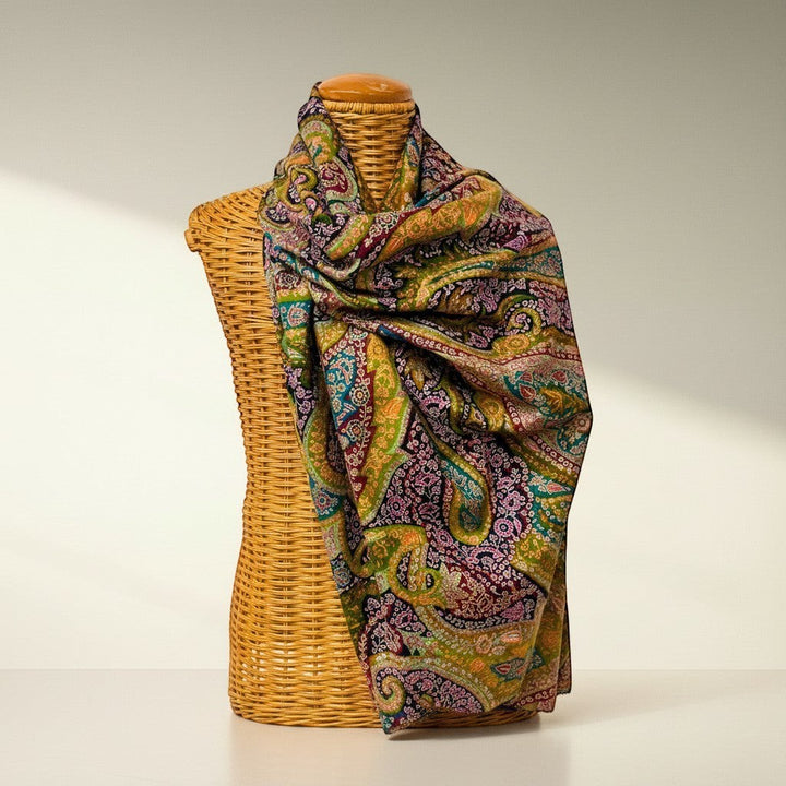 Indus Weavers Kalamkari Pashmina Shawl FLORIANA with Sozni Embroidery in deep green, maroon, and red with paisley and floral motifs.