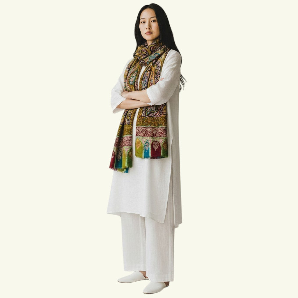 Indus Weavers Kalamkari Pashmina Shawl FLORIANA with Sozni Embroidery in green, maroon, and red with paisley and floral motifs.