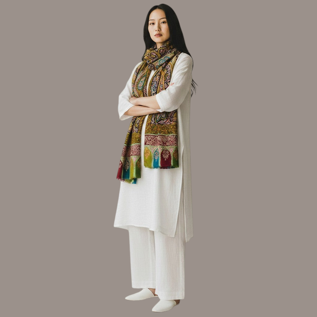 Indus Weavers Kalamkari Pashmina Shawl FLORIANA with Sozni Embroidery in green, maroon, and red with paisley and floral motifs.